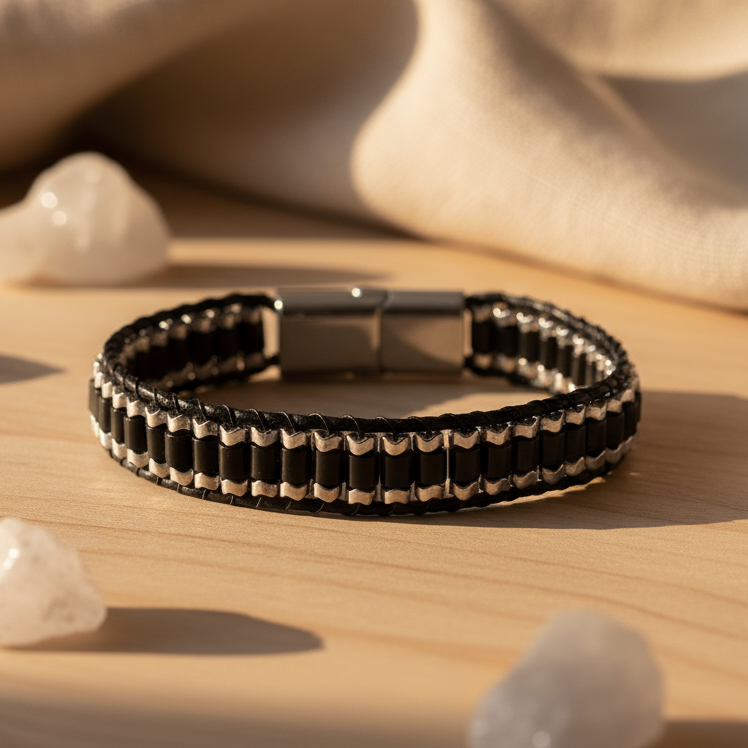 Oniks ve Hematit Sertifikalı Doğal Taş Bileklik SPF-A-093