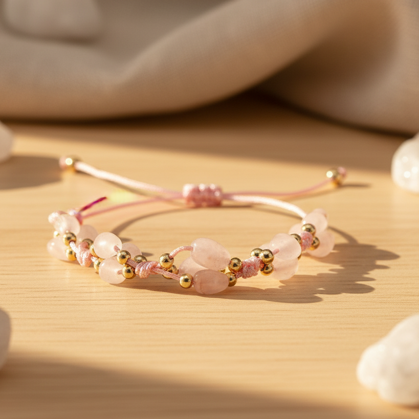 Pembe Kuvars Macrome Sertifikalı Doğal Taş Bileklik SPF-A-095
