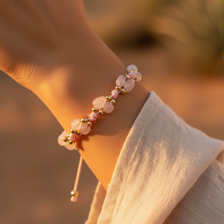 Pembe Kuvars Macrome Sertifikalı Doğal Taş Bileklik SPF-A-095