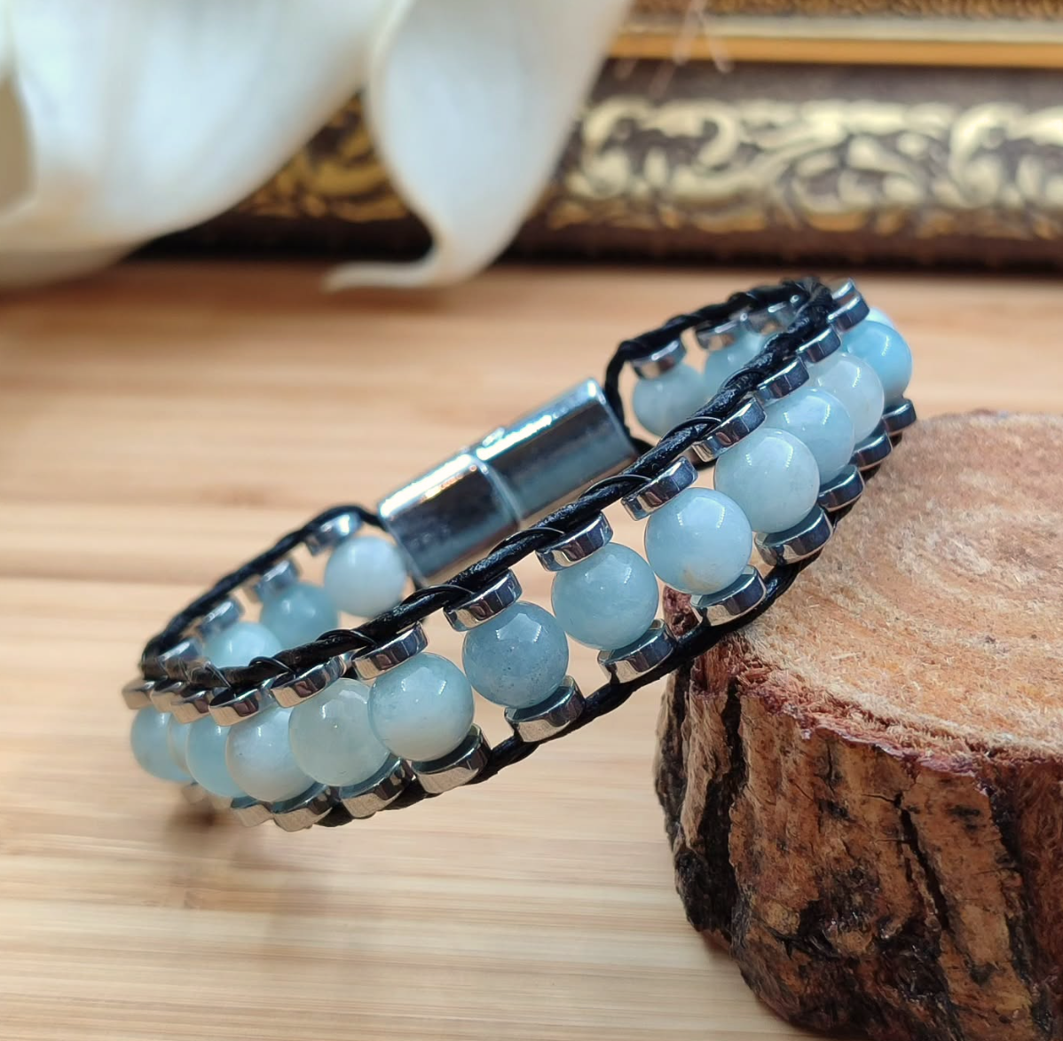 Aquamarine Hematite Macrame Certified Natural Stone Bracelet SPF-A-004