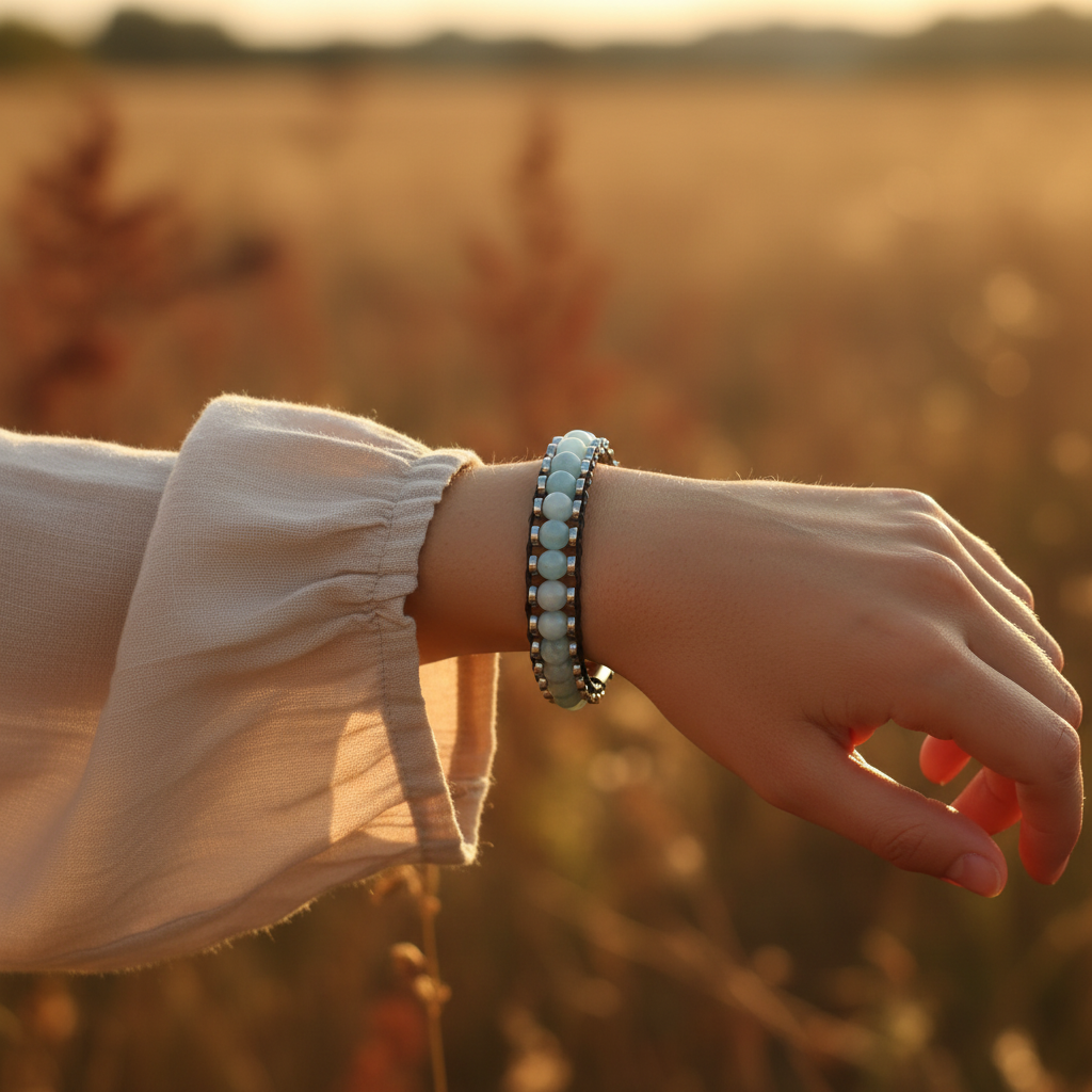 Akuamarin Hematit Sertifikalı Doğal Taş Bileklik SPF-A-087