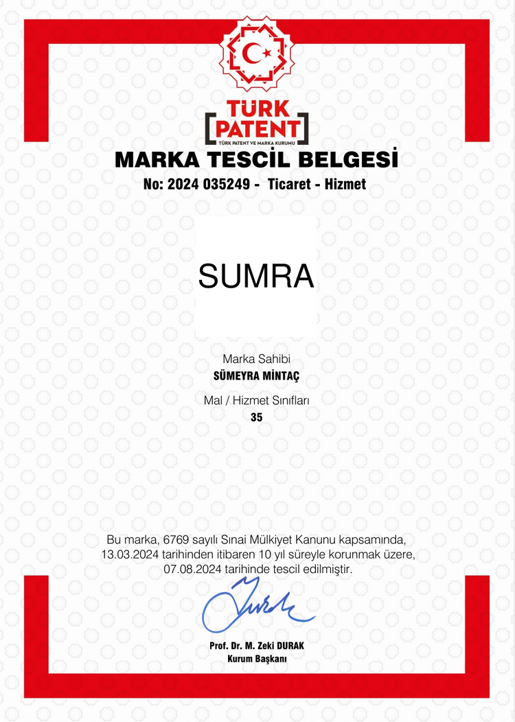 SUMRA markasına ait Türk Patent ve Marka Kurumu marka tescil belgesi, tescil numarası 2024 035249.