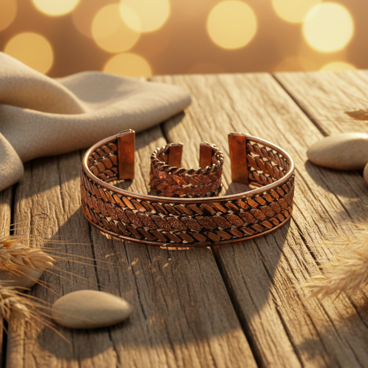 El Yapımı Motifli Saf Bakır Unisex Bileklik ve Yüzük Seti SPF-B-018