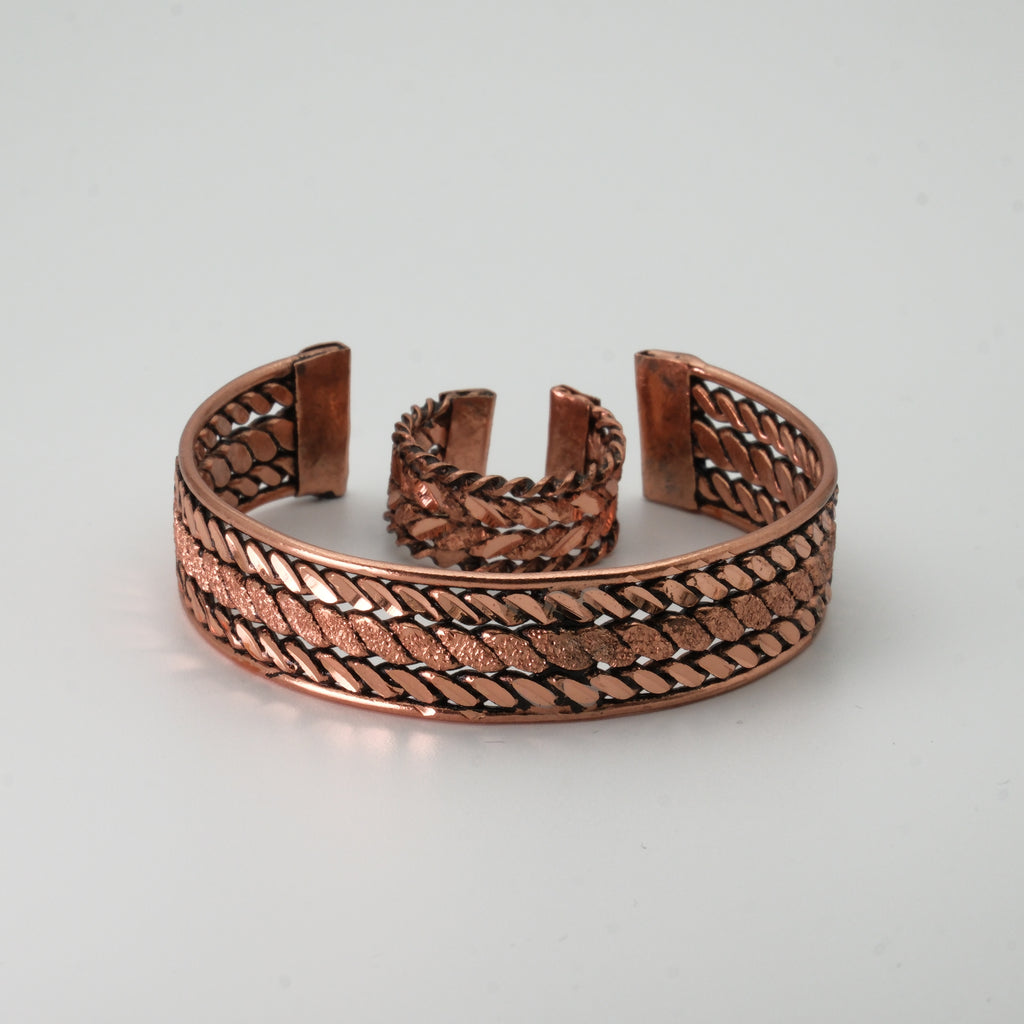 El Yapımı Motifli Saf Bakır Unisex Bileklik ve Yüzük Seti SPF-B-018