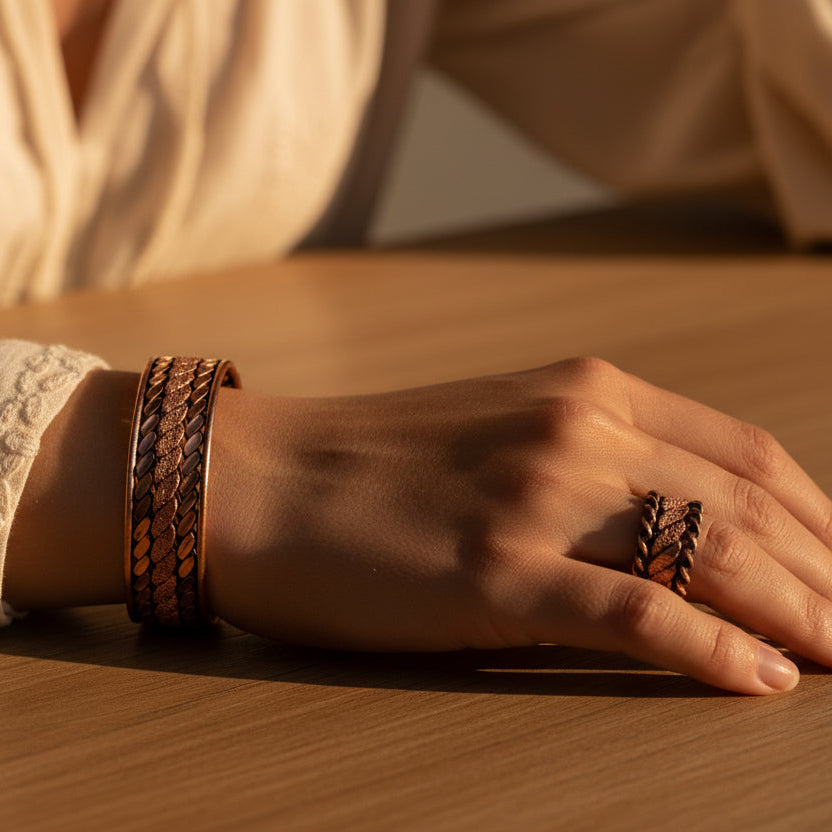 El Yapımı Motifli Saf Bakır Unisex Bileklik ve Yüzük Seti SPF-B-018