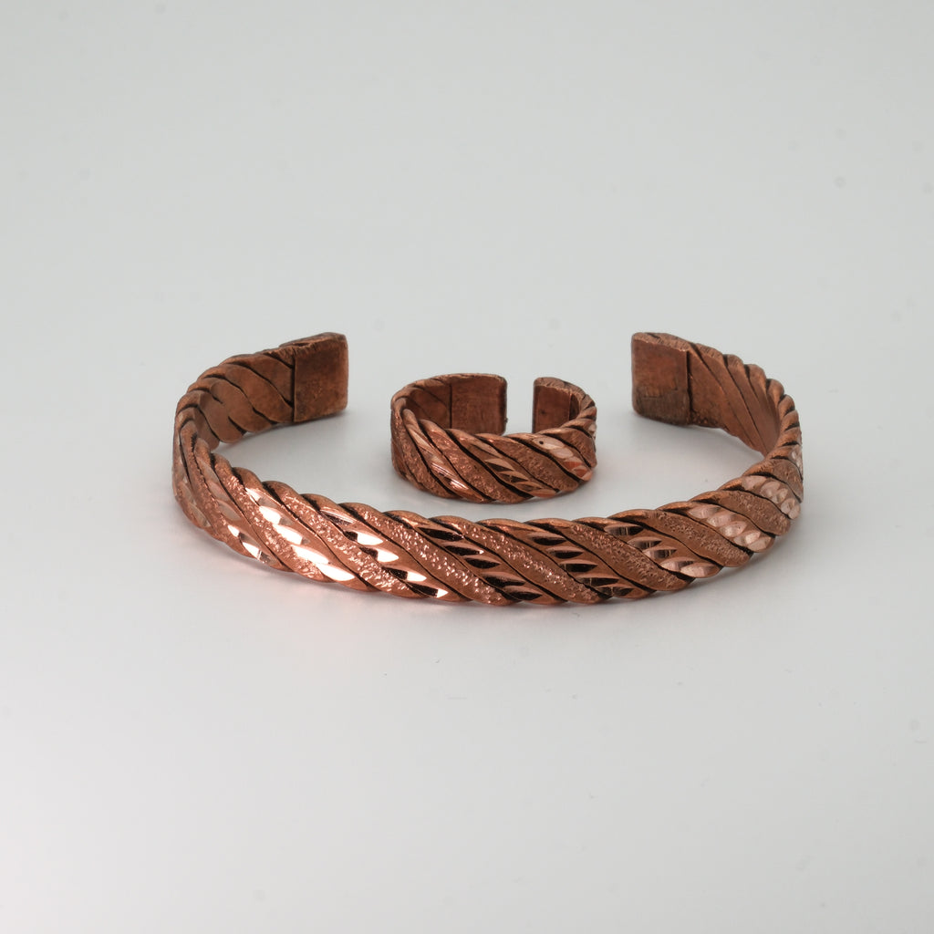 El Yapımı Motifli Saf Bakır Unisex Bileklik ve Yüzük Seti SPF-B-019