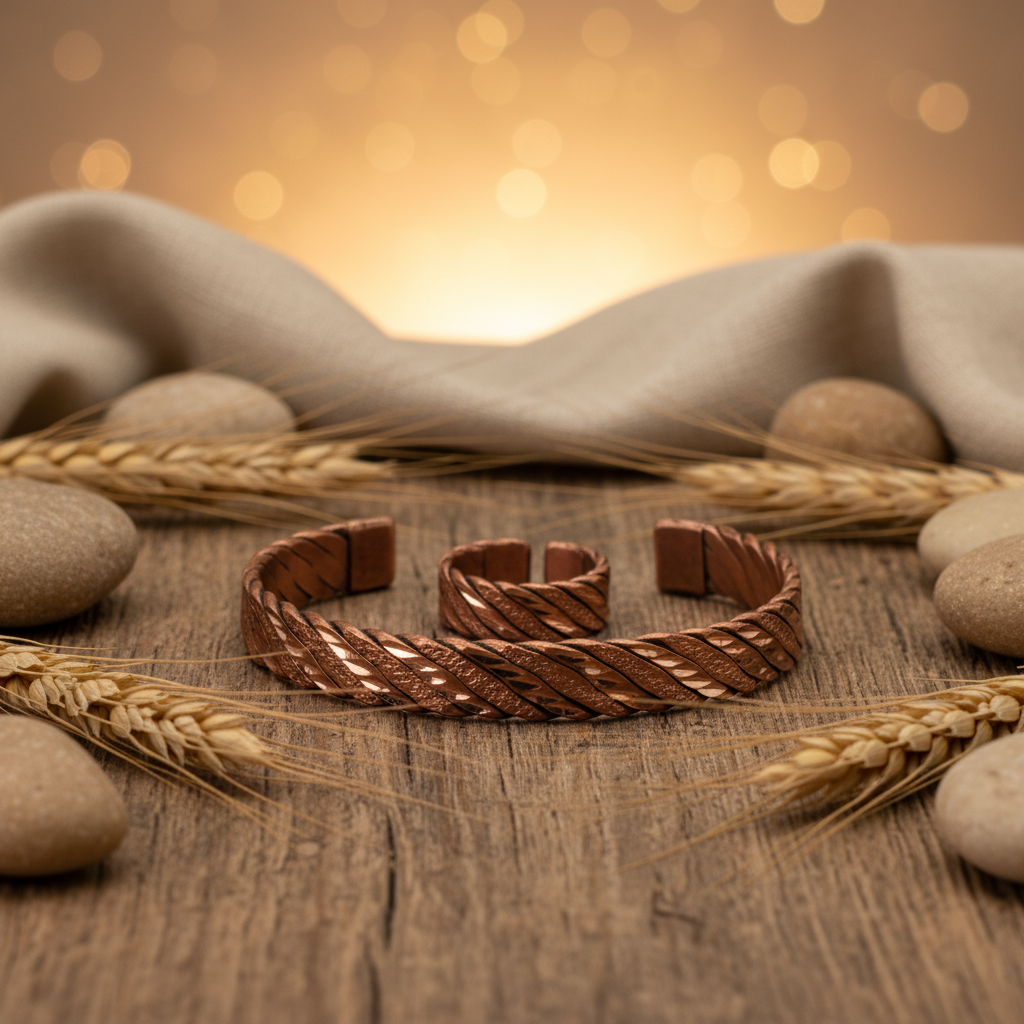 El Yapımı Motifli Saf Bakır Unisex Bileklik ve Yüzük Seti SPF-B-019