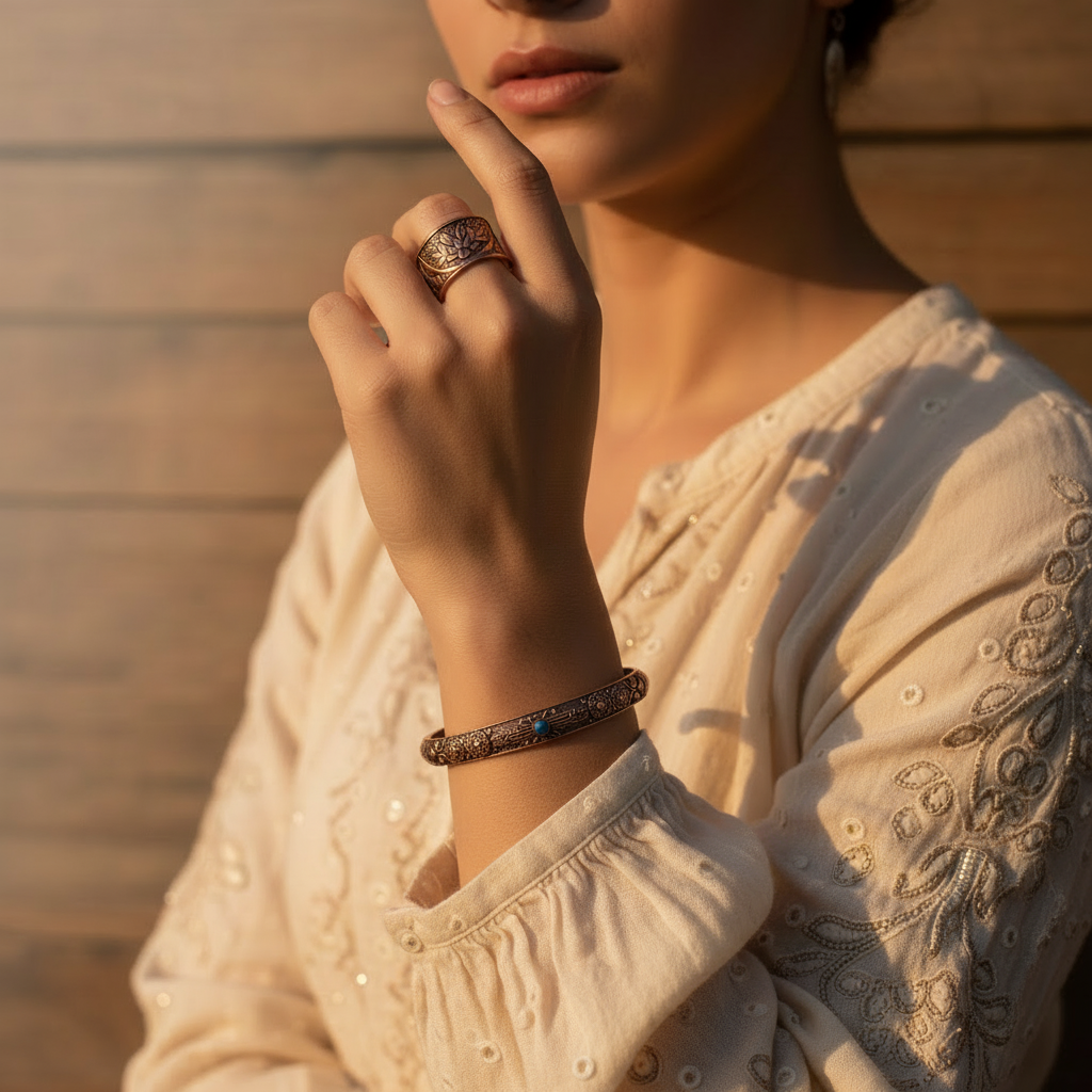 El Yapımı Motifli Saf Bakır Unisex Bileklik ve Yüzük Seti SPF-B-020