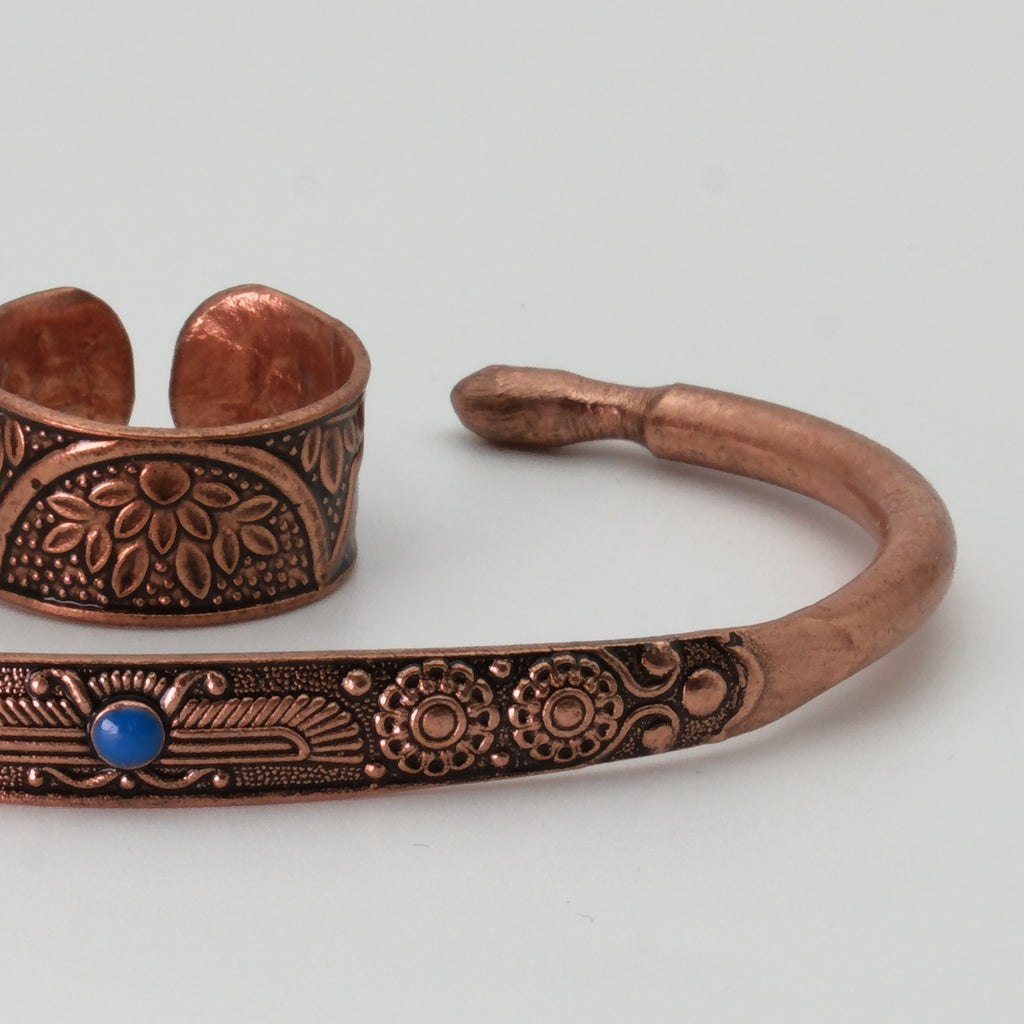 El Yapımı Motifli Saf Bakır Unisex Bileklik ve Yüzük Seti SPF-B-020