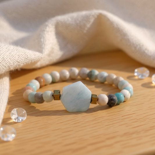 Aquamarine Amozonite and Hematite Natural Stone Bracelet SPF-A-003