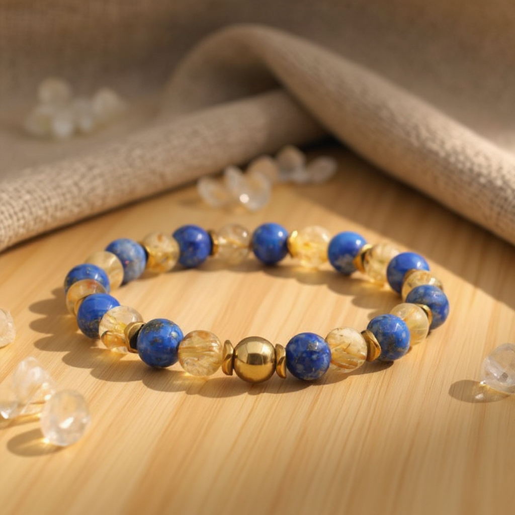 Gold Rutile Quartz and Lapis Lazuli Natural Stone Bracelet SPF-A-006