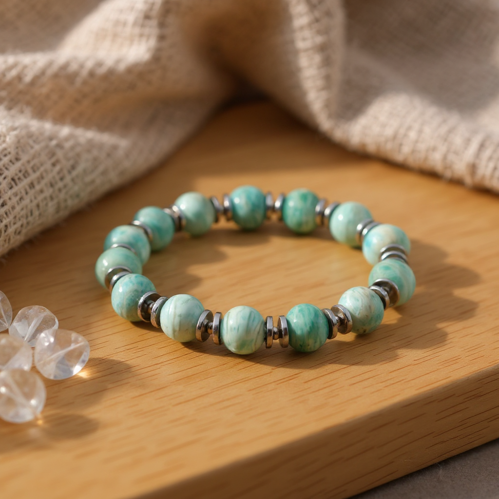 Amazonit ve Hematit Sertifikalı Doğal Taş Bileklik SPF-A-008