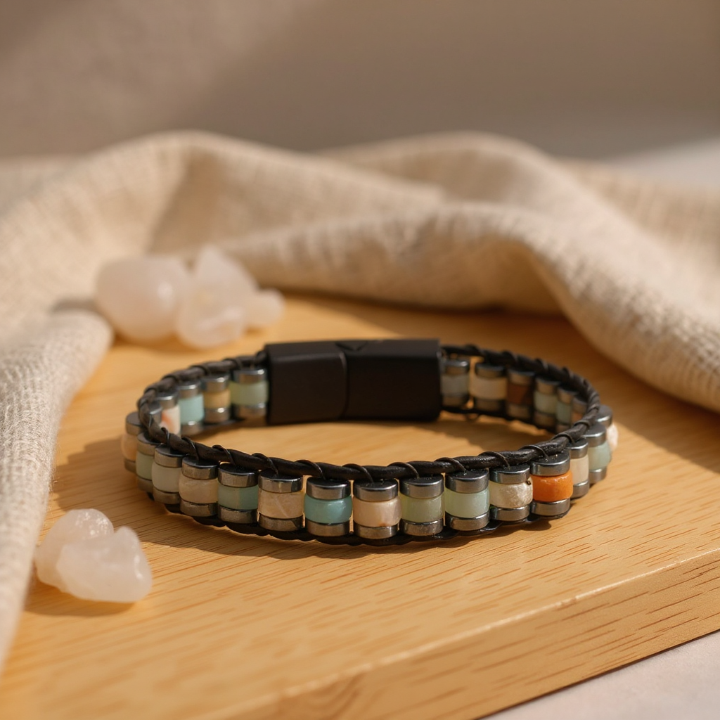 Amazonit ve Hematit Sertifikalı Doğal Taş Bileklik SPF-A-009