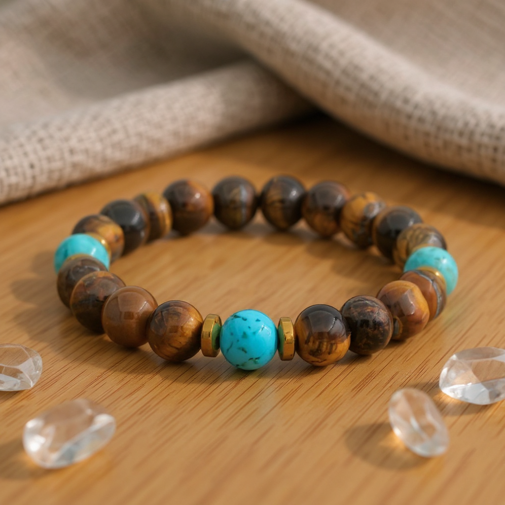 Kaplan Gözü Turkuaz ve Hematit Sertifikalı Doğal Taş Bileklik SPF-A-033