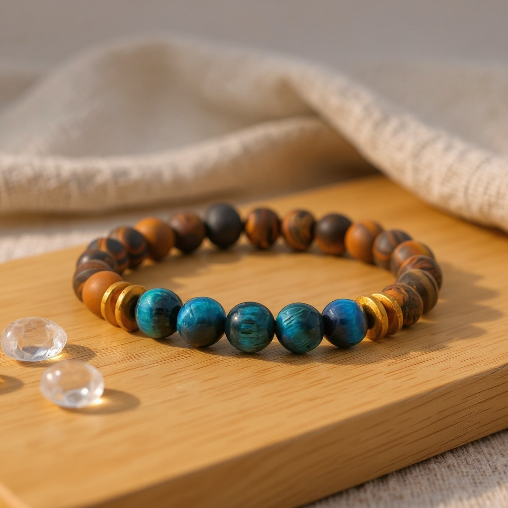 Mavi ve Kahve Mat Kaplan Gözü Hematit Sertifikalı Doğal Taş Bileklik SPF-A-054