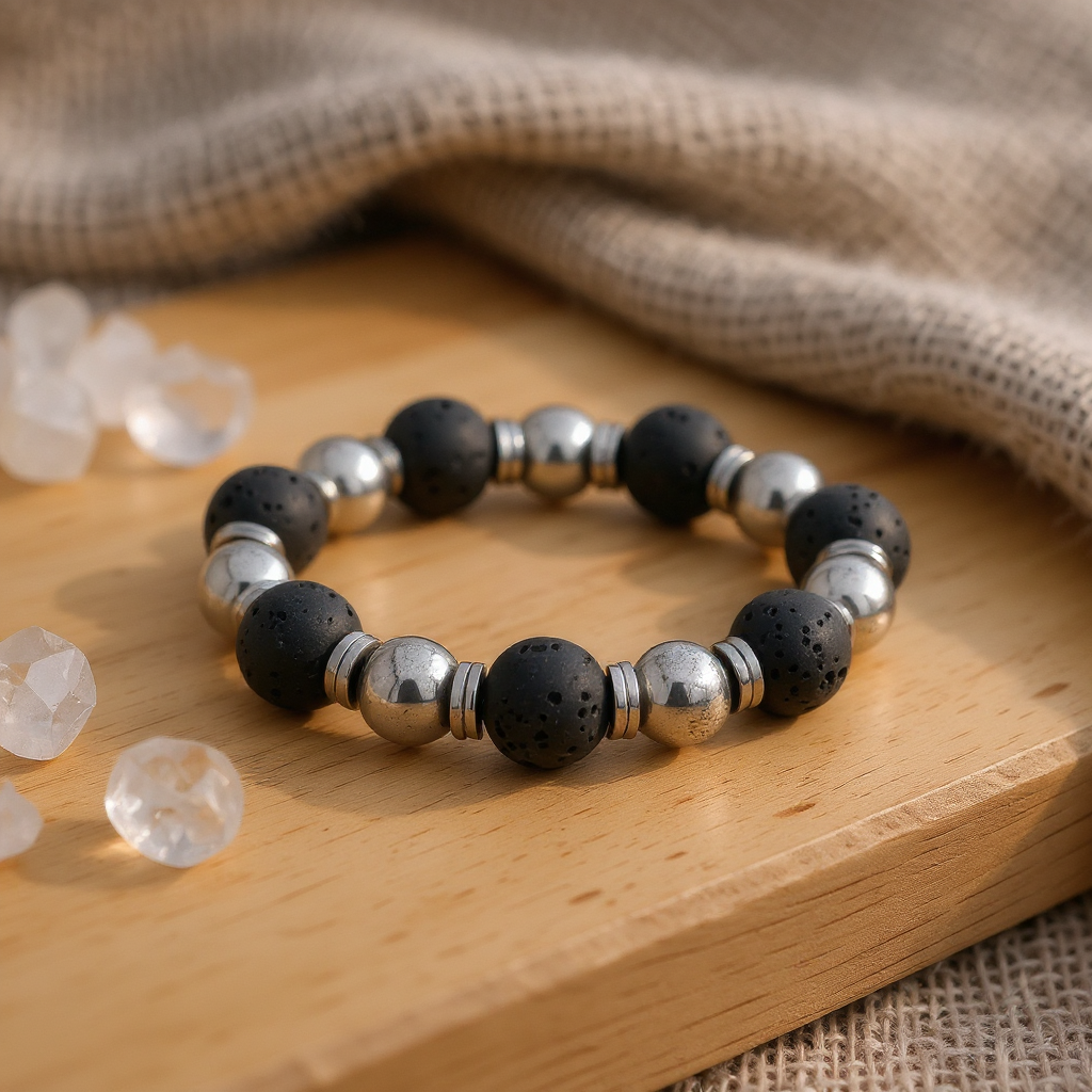 Lav Taşı ve Hematit Sertifikalı Doğal Taş Bileklik SPF-A-052