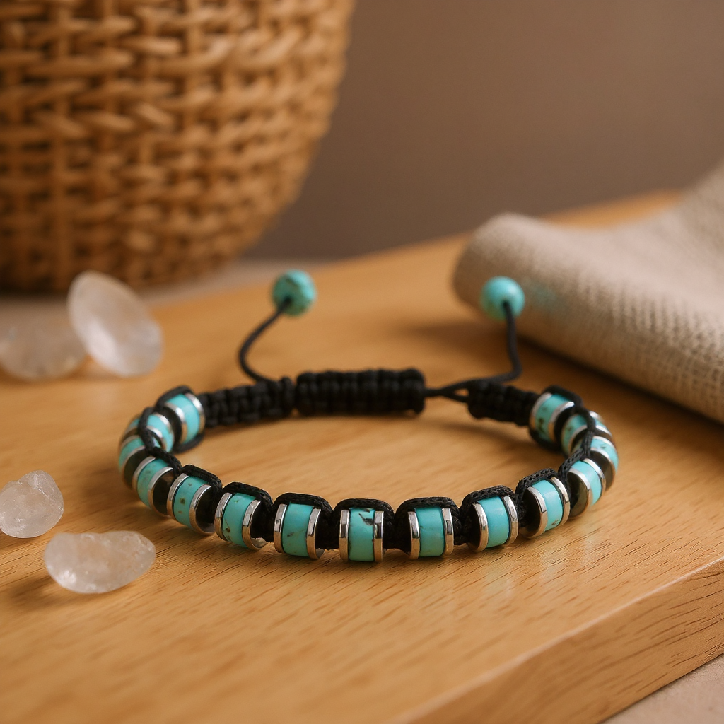Turkuaz ve Hematit Macrome Sertifikalı Doğal Taş Bileklik SPF-A-072