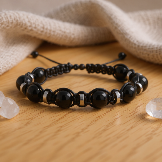 Black Agate and Hematite Macrame Natural Stone Bracelet SPF-A-066