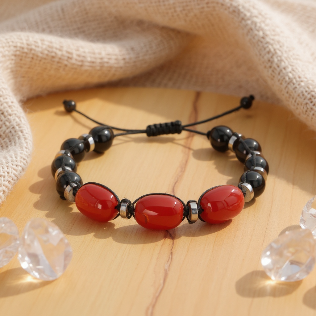 Kırmızı Siyah Akik ve Hematit Macrome Sertifikalı Doğal Taş Bileklik SPF-A-046