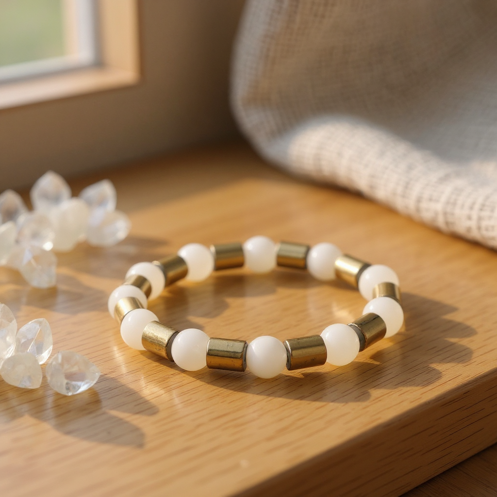 Ay Taşı ve Hematit Sertifikalı Doğal Taş Bileklik SPF-A-018