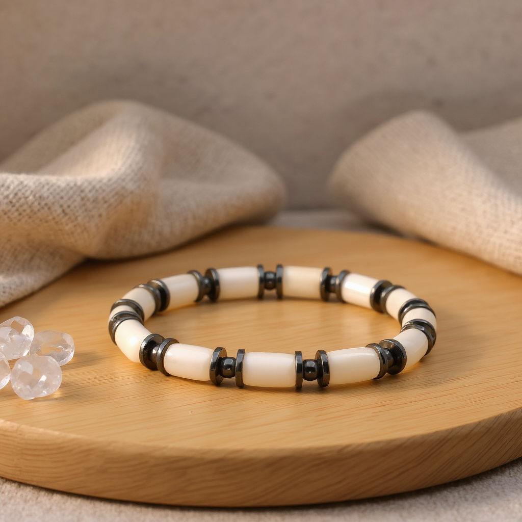 Beyaz Sedef ve Hematit Sertifikalı Doğal Taş Bileklik SPF-A-020