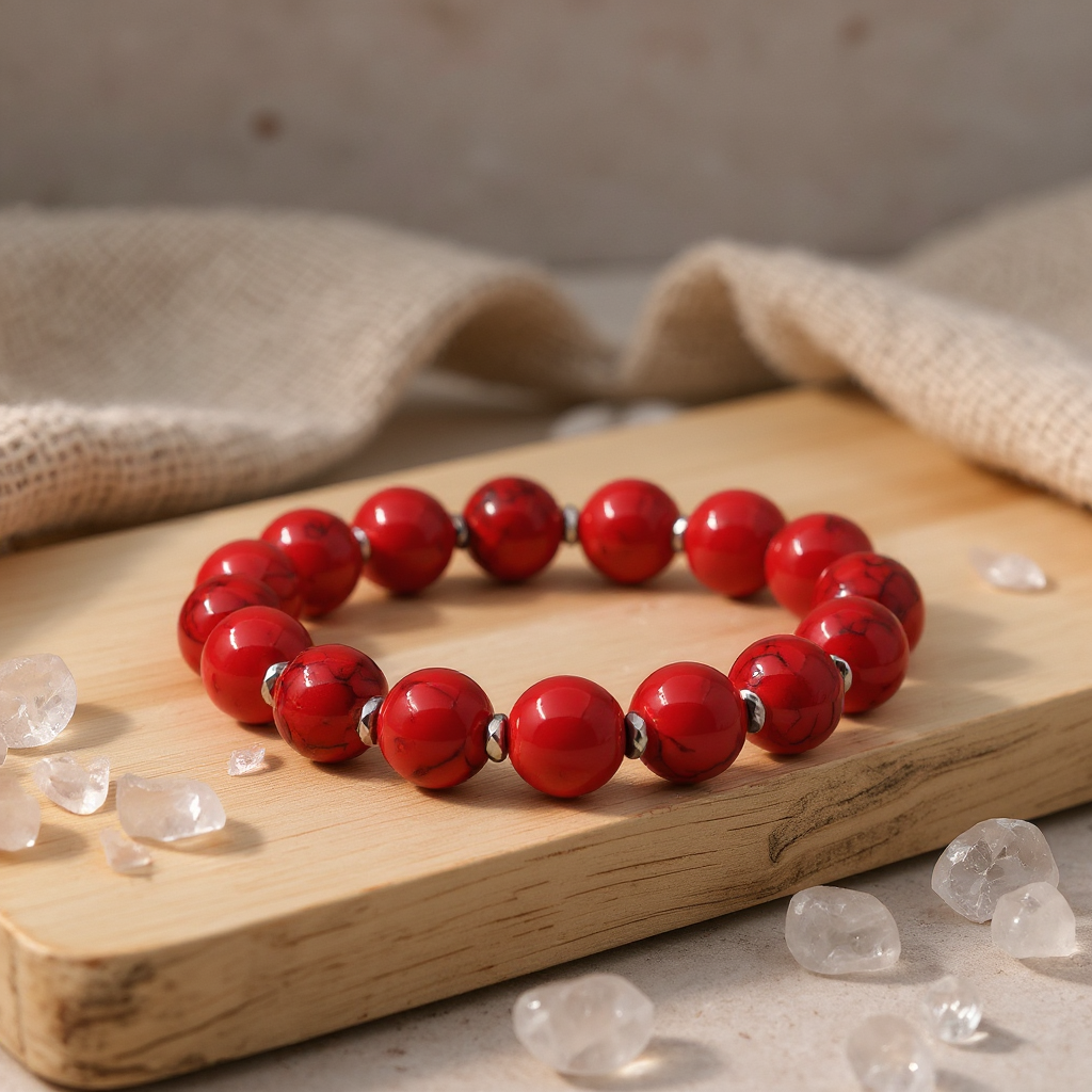 Kırmızı Mercan ve Hematit Sertifikalı Doğal Taş Bileklik SPF-A-045