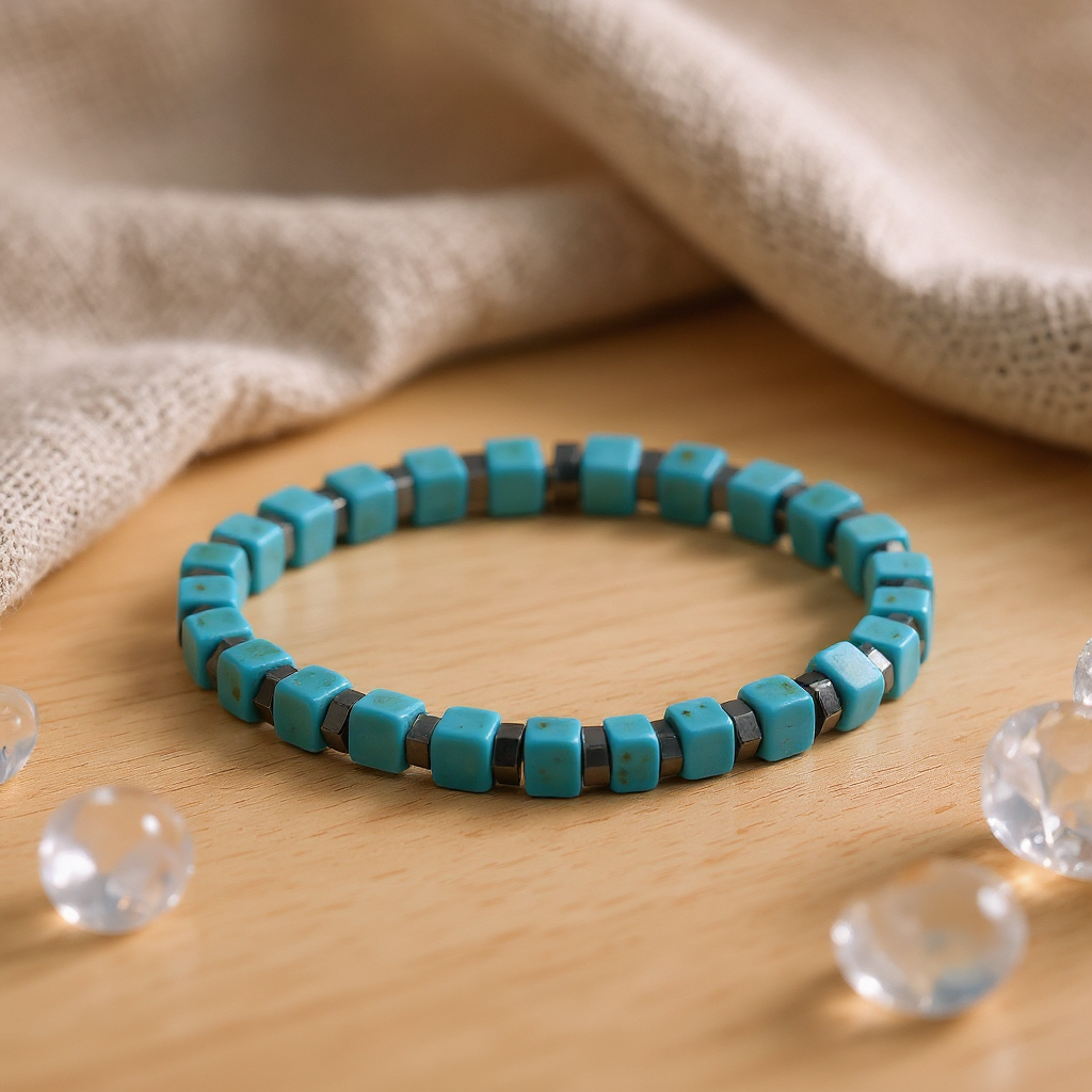 Küp Turkuaz Ve Rondela Hematit Sertifikalı Doğal Taş Doğal Taş Bileklik SPF-A-048