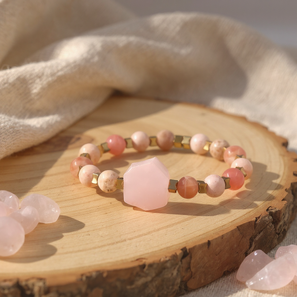 Pembe Kuvars Güneş Taşı ve Hematit Sertifikalı Doğal Taş Bileklik SPF-A-056