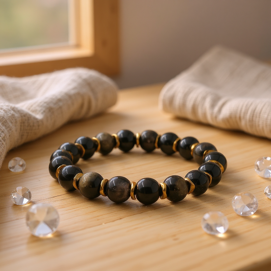 Siyah Obsidyen Hematit Sertifikalı Doğal Taş Bileklik SPF-A-067