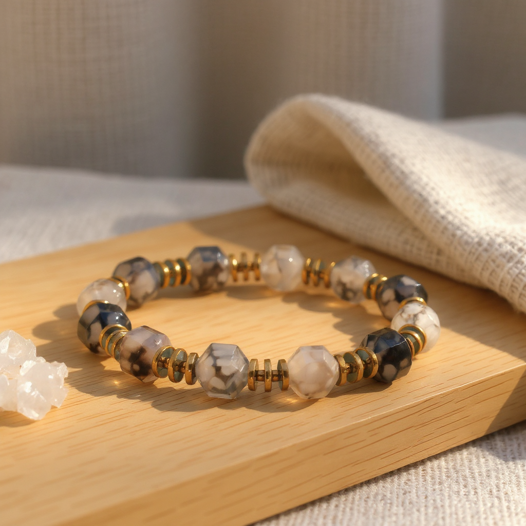 Veined Agate and Hematite Natural Stone Bracelet SPF-A-074