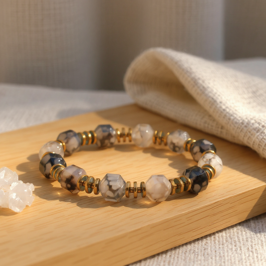Veined Agate and Hematite Natural Stone Bracelet SPF-A-074