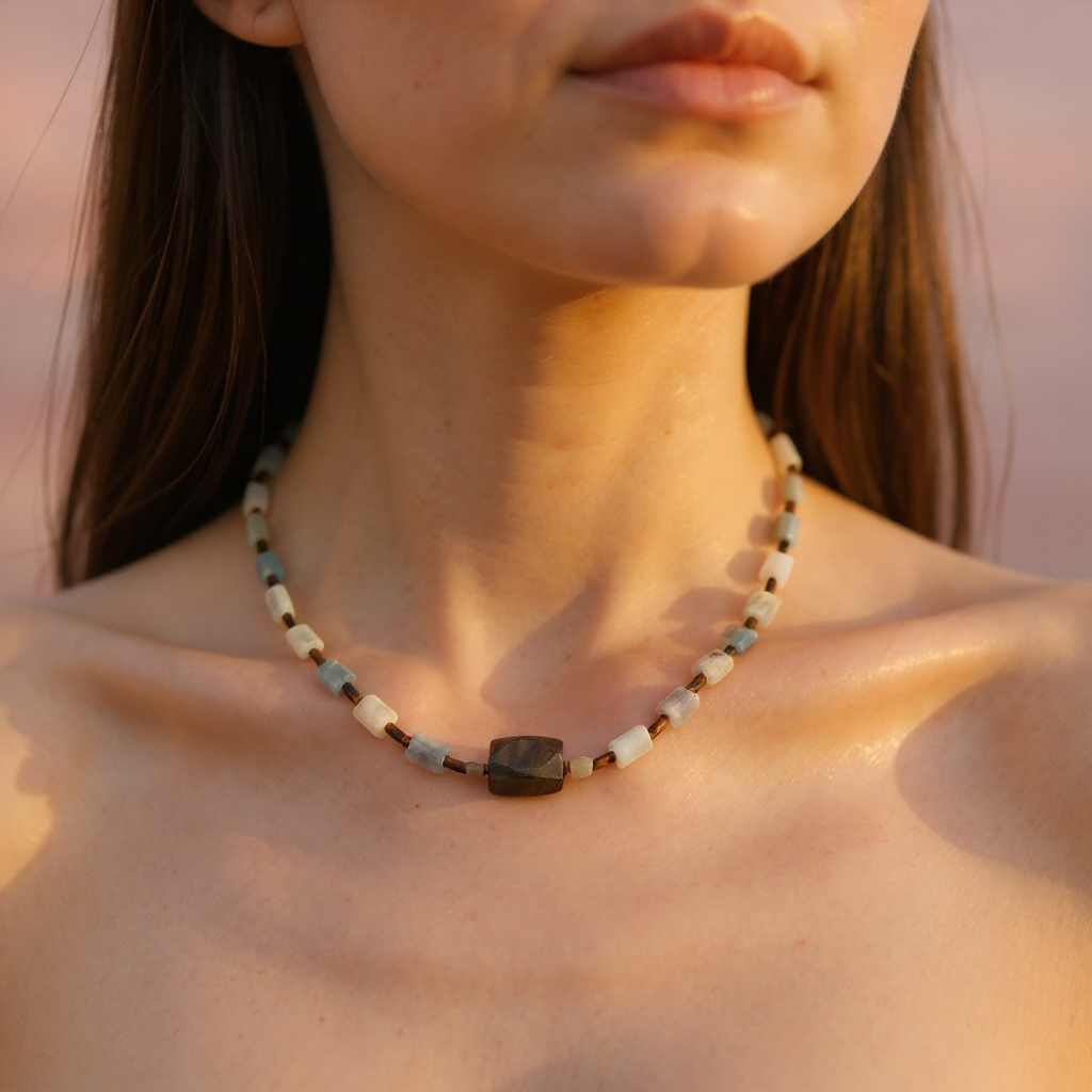 Amazonite and Tiger Eye Natural Stone Necklace SPF-A-011