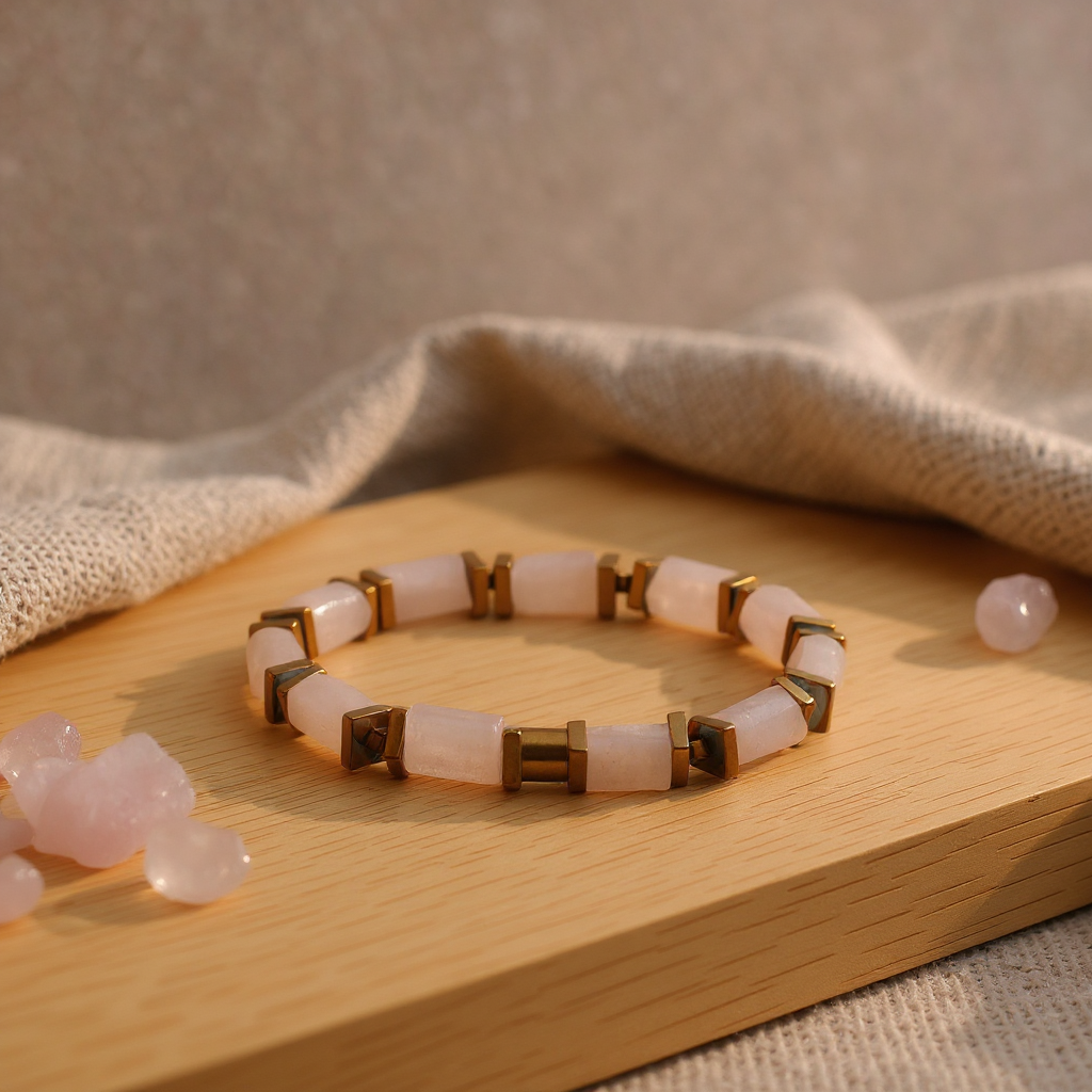 Pembe Kuvars ve Hematit Sertifikalı Doğal Taş Bileklik SPF-A-078