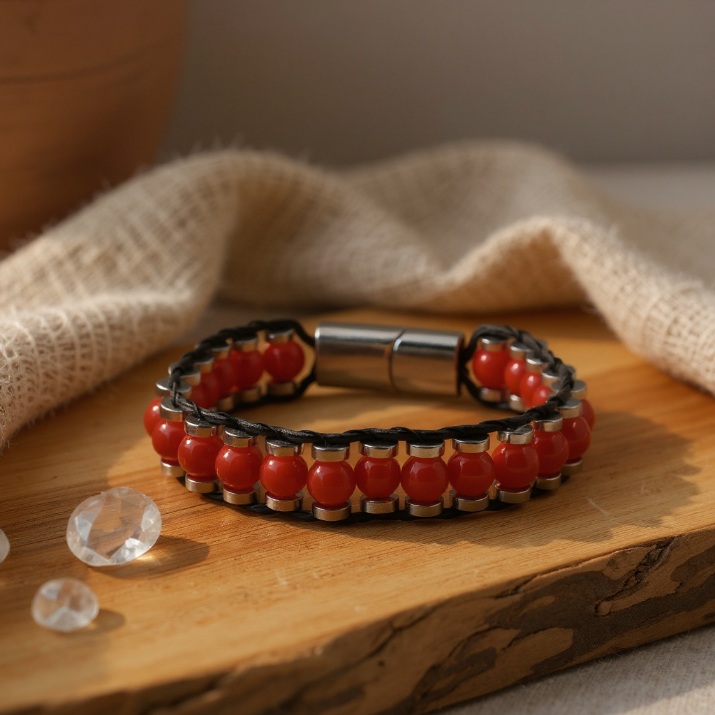 Kırmızı Akik ve Hematit Sertifikalı Doğal Taş Bileklik SPF-A-076